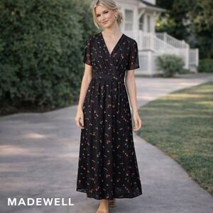 Madewell Maxi Dress Women 0 Black Floral Polyester Boho V-Neck Flutter Sleeve‎